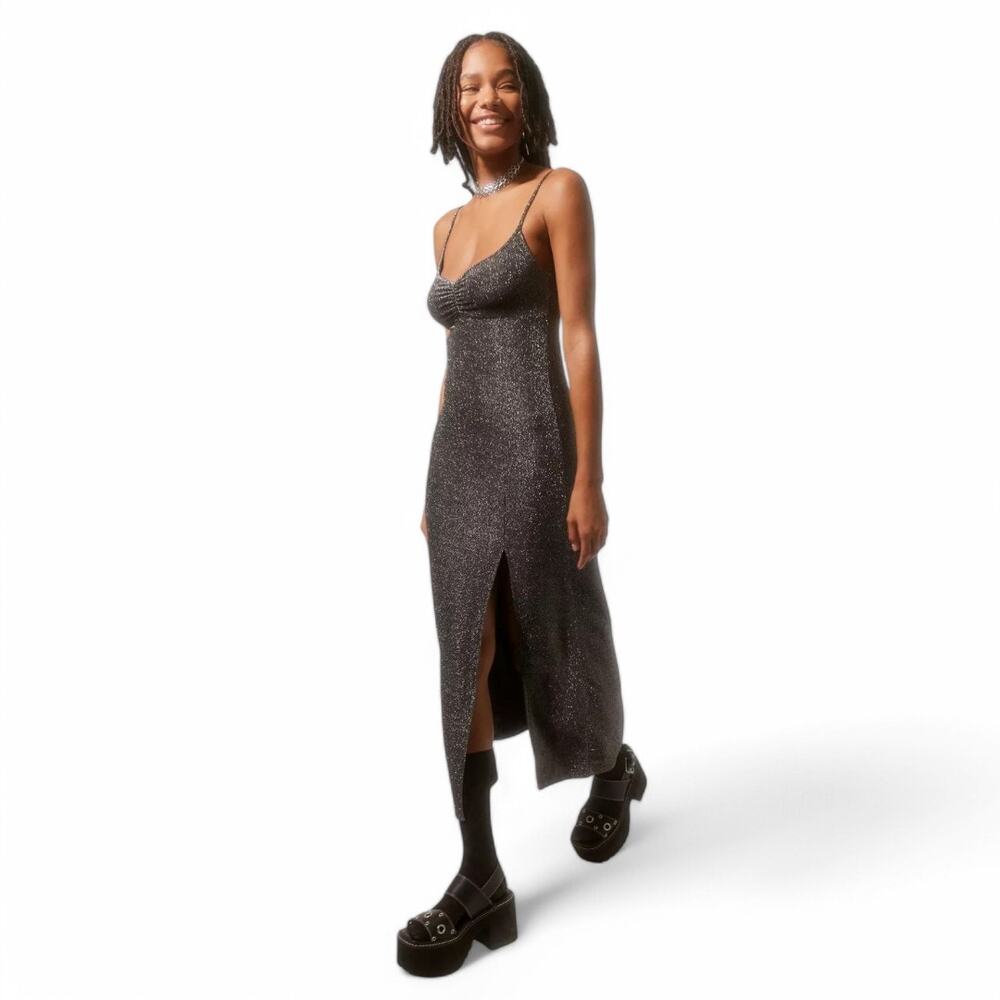 Urban Outfitters Arna Sparkle Midi Dress Black Metallic Slit Slip Size XS